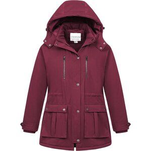 Women's Wine Red Waterproof Fleece Lined Detachable Hood Jacket Coat Winter Warm